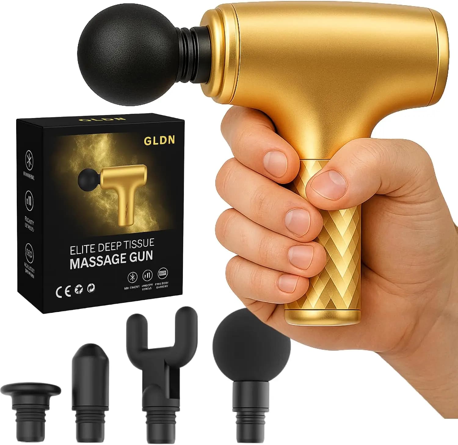 Mini Massage Gun with Gold Finish, Deep Tissue Percussion Massager for Back, Neck, Body Pain Relief, 4 Heads, Portable Electric Massager for Muscle Recovery