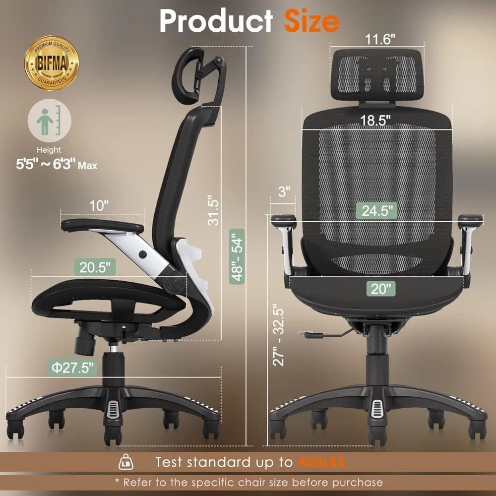 Sedia da ufficio ergonomica, sedia da scrivania con schienale alto e poggiatesta, braccioli ribaltabili, 90-120 ° Blocco inclinabile e cuscino ampio