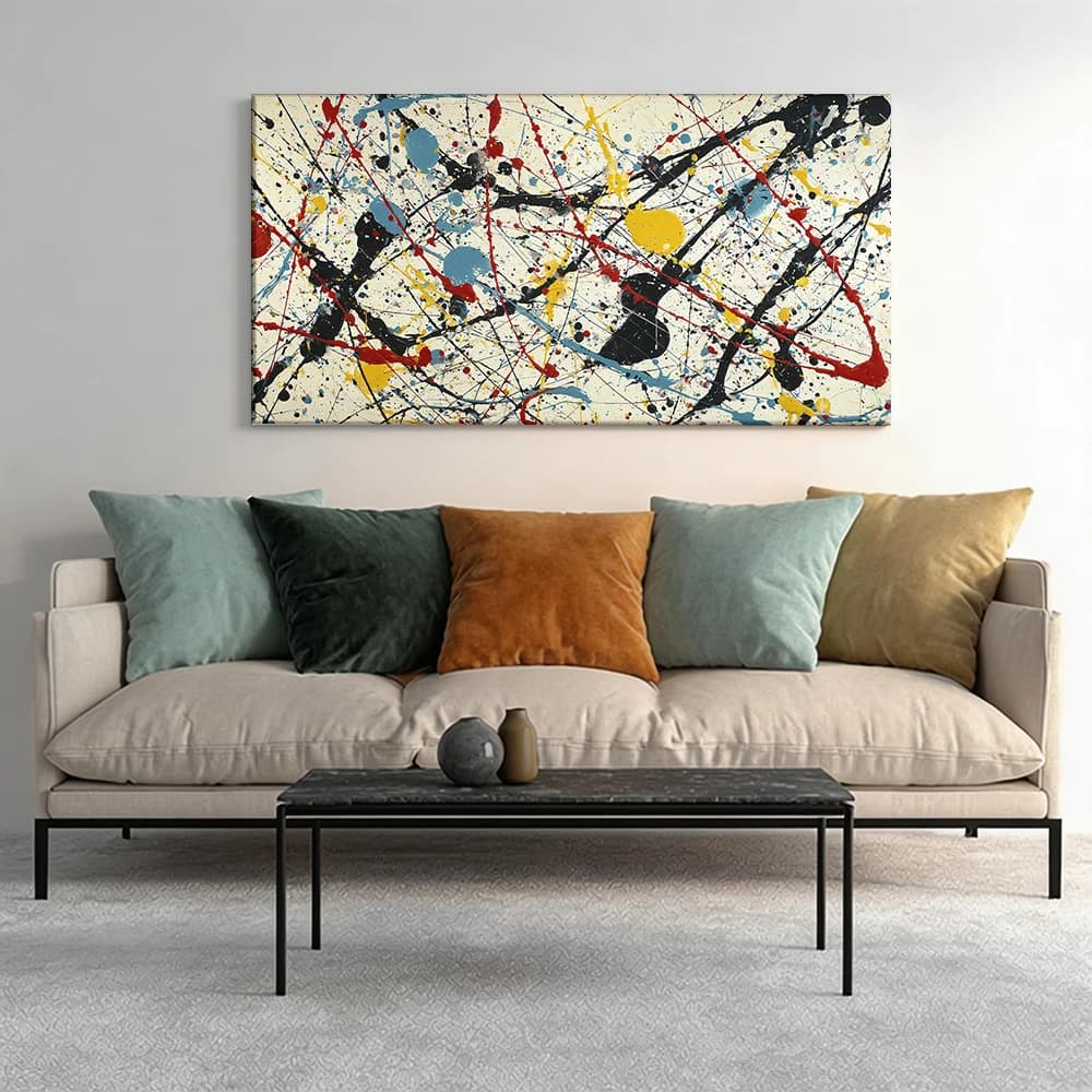 Painted on canvas with large wooden frame, 1 piece, artwork with effect paint sketches, bright colors.