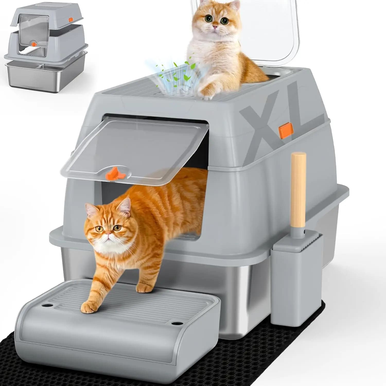 Lettiera per Gatti Extra Large in Acciaio Inossidabile con Coperchio, Design Anti-Odore, Include Paletta, Tappetino e Gradino, Grigio