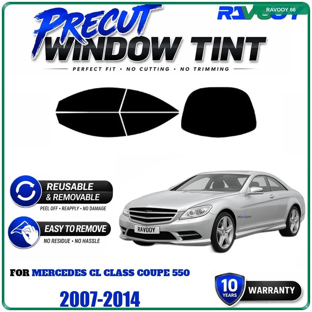 RAVOOY Precut Window Tint, Reusable Removable EPU Film, Custom Fit for Mercedes CL Class Coupe 550 2007-2014, UV Heat Protection