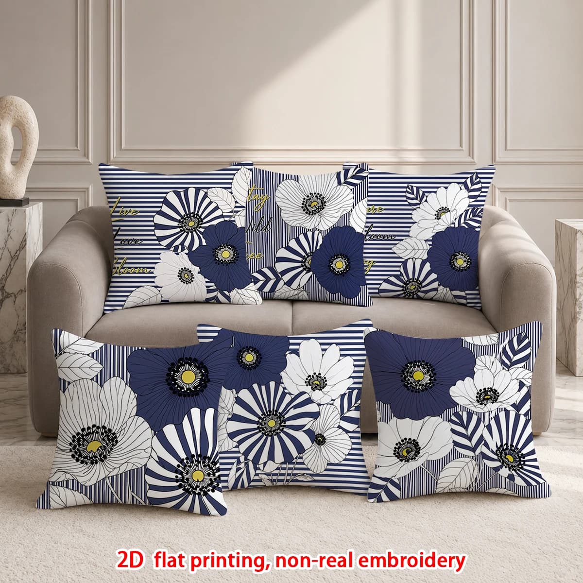 6pcs Navy Blue White Floral Throw Pillow Covers Set of 6 Modern Striped Flower Decorative Cushion Cases for Sofa Bedroom