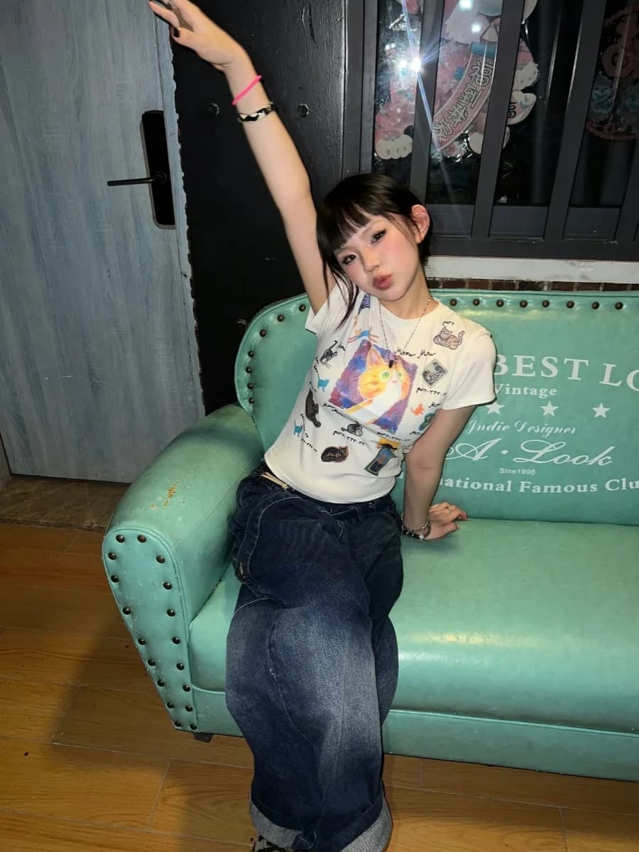 American Retro Print Short Sleeve T-Shirt Women's Summer Design Slim Fit Short Style Top Cotton round Neck Commute Style