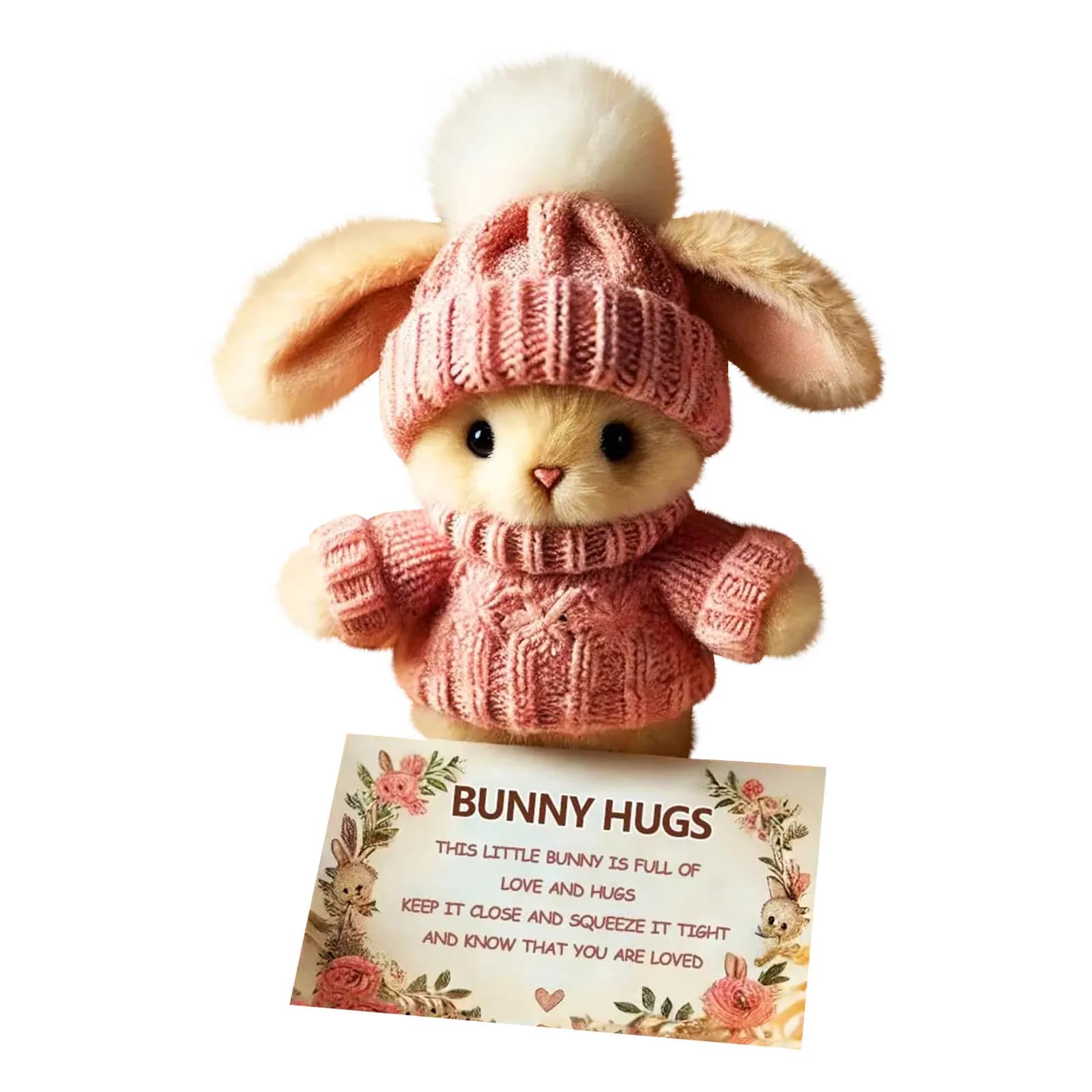 Mini Bunny Hug Simpatico regalo di Pasqua Coniglietto di peluche Set Peluche Tasca Abbraccio Coniglio con cappello lavorato a maglia e Pom Pom con scatola di carte