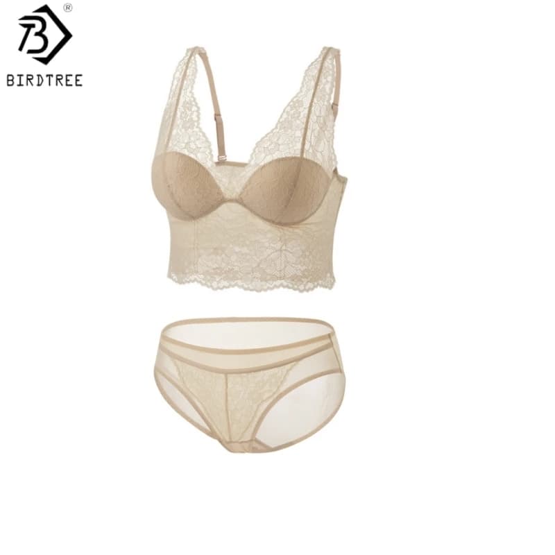 Birdtree, Silk Lining Women's Elegant Bra Brief Set, Soft Wireless Lace Breathable Bralette, 2026 Summer New Underwear A65325JF