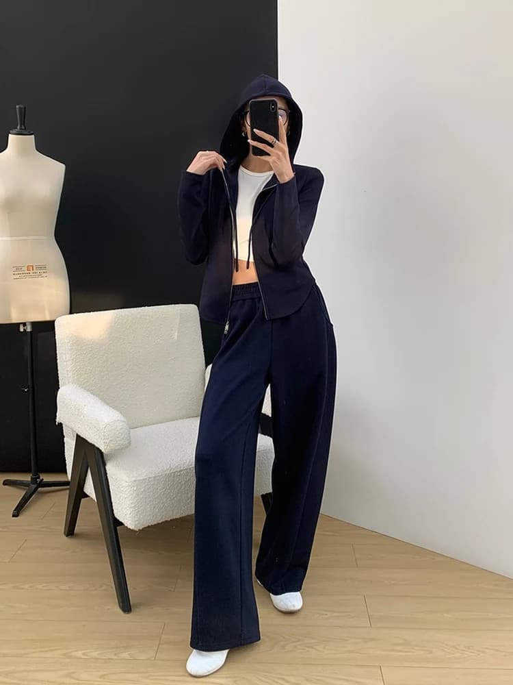 Set Felpa con Cappuccio e Pantaloni Comodi in Pile per Autunno Inverno, Vita Alta, Maniche Lunghe, Chiusura a Zip, Stile Casual per Donne, Taglia Universale