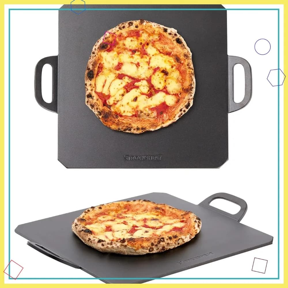 Piastra per pizza in acciaio al carbonio premium da 14x14 pollici, per pizze croccanti, con doppia maniglia, 13,68 libbre