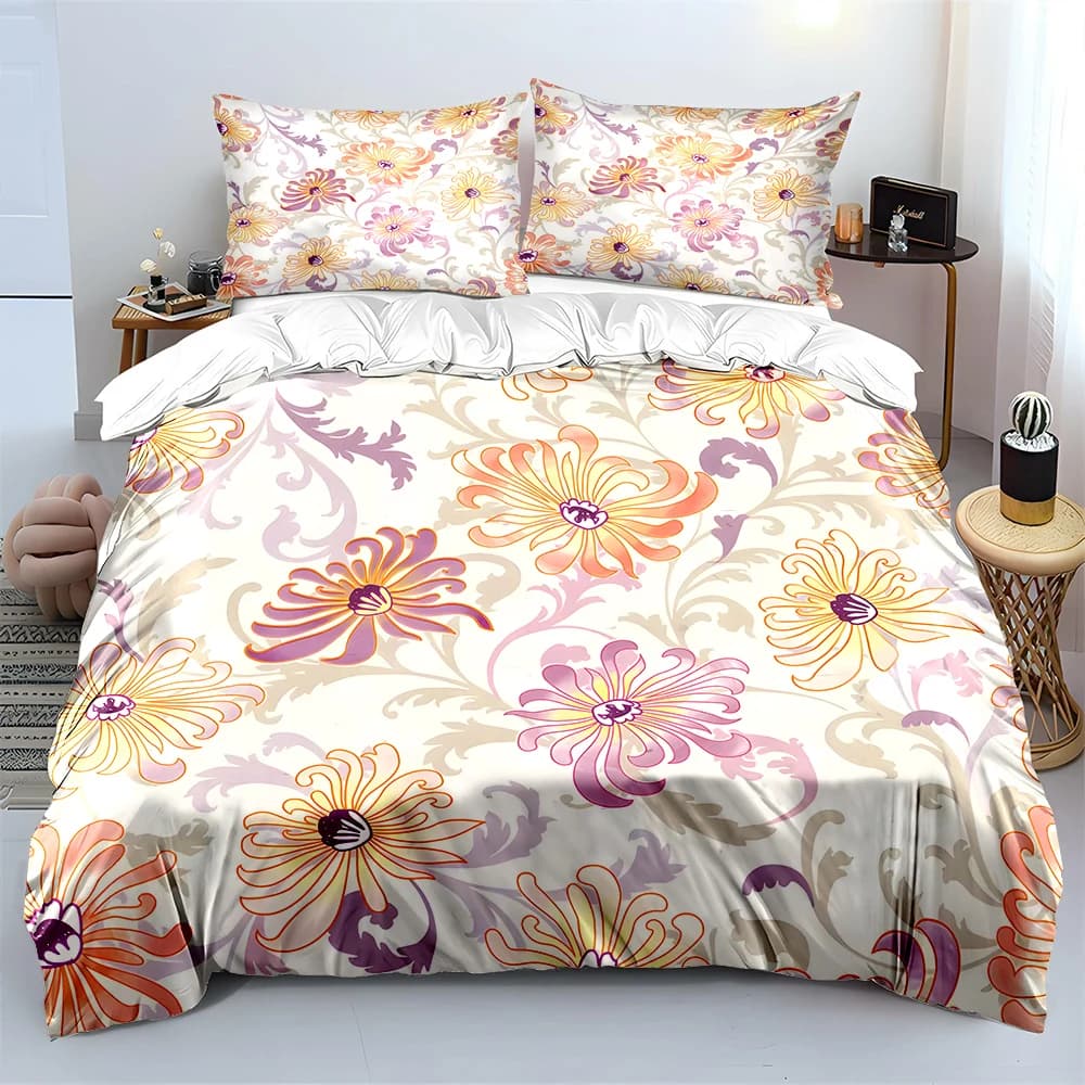 Set di biancheria da letto con stampa di motivi floreali colorati, 1 copripiumino, 2 federe per adulti e bambini, regalo di lusso, misura completa