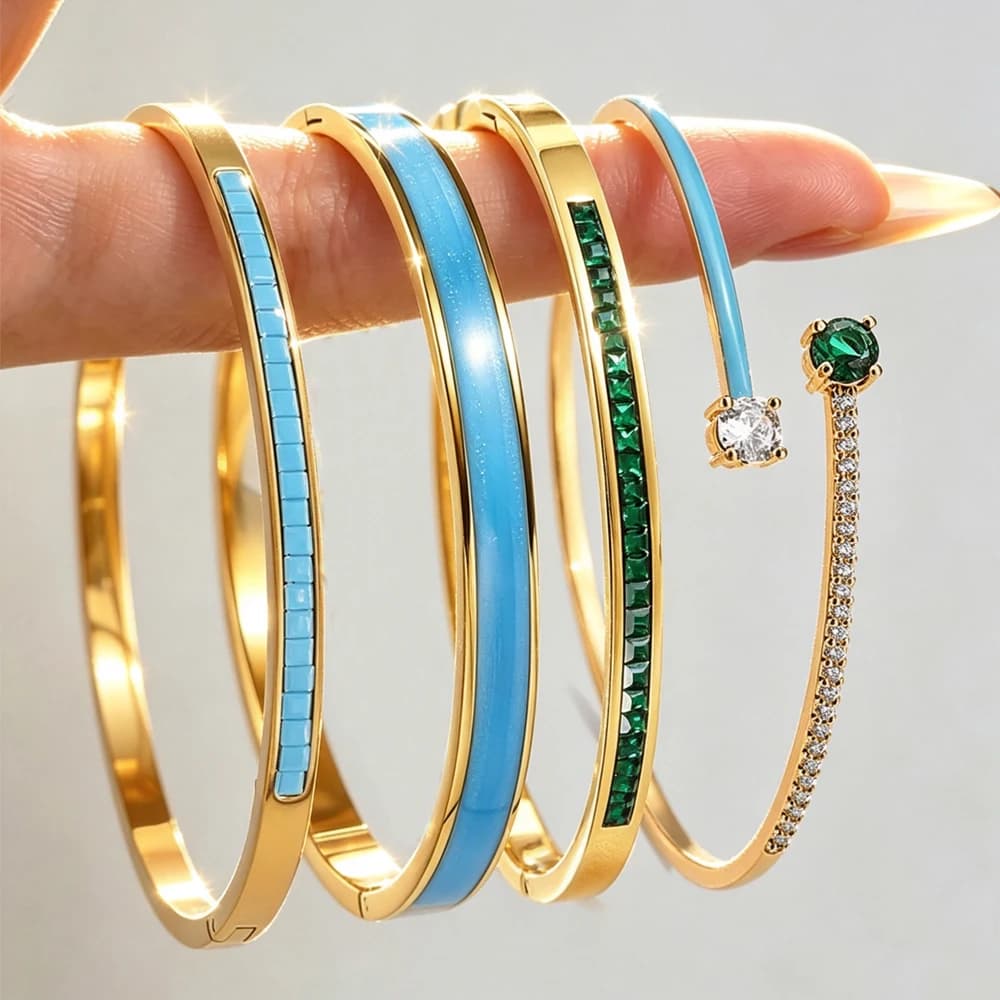 ZAKOL Simple Fashion Blue Green Stackable Bracelets for Women Shining Zirconia Inlaid Ocean Beach Vacation Jewelry