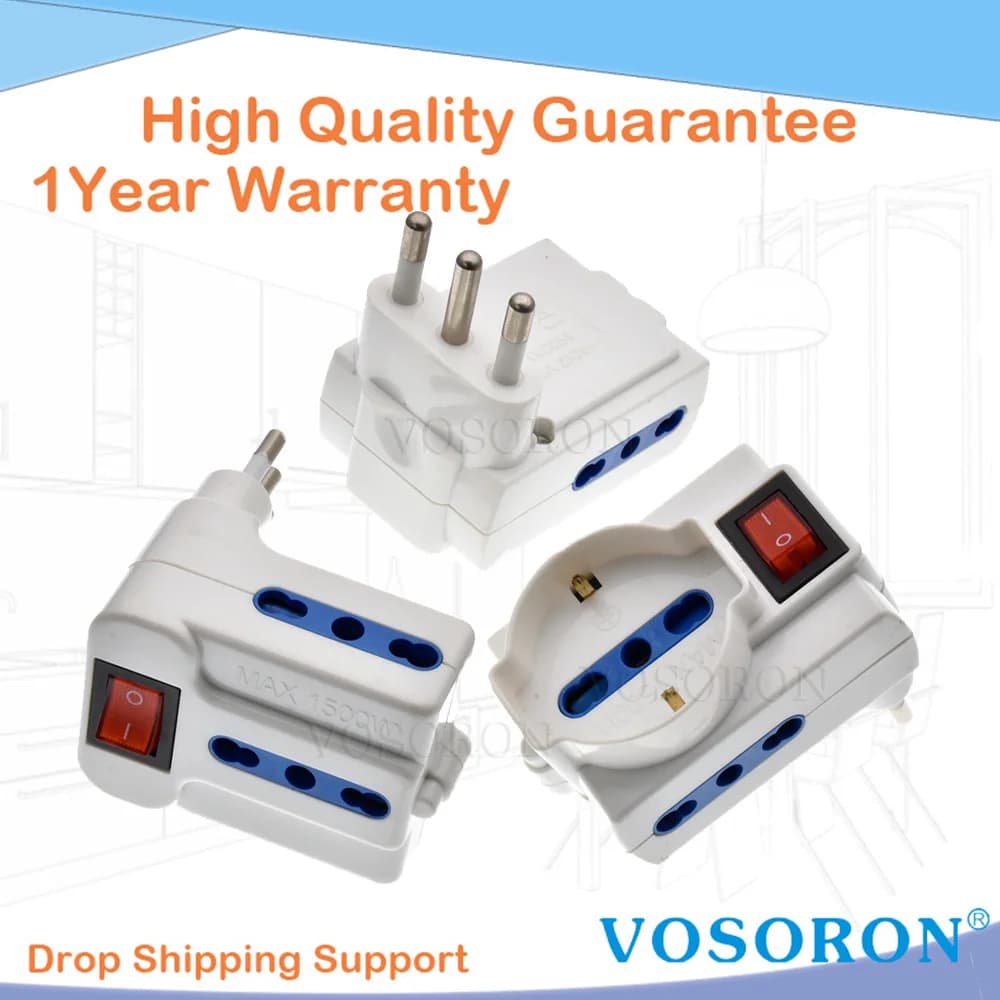 Adattatore presa Italia con interruttore ON/OFF, multipresa 3 in 1 1500 W max, presa di prolunga da viaggio bianca