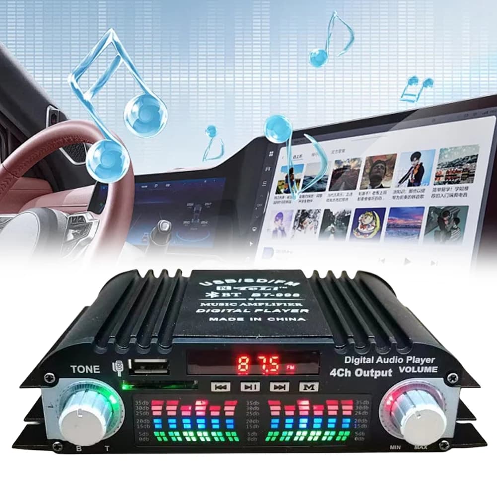 Amplificatore Audio Digitale a 4 Canali da 1600W di Potenza di Picco con Radio FM, USB, Bluetooth, Lettore Karaoke, Suono HiFi, Telecomando