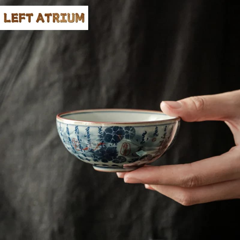 Antique Chinese Calligraphy Water Cups Lotus Beautiful Tea Cup Set Teaware Vintage Fish Mugs For Tea Ceremony Teacup