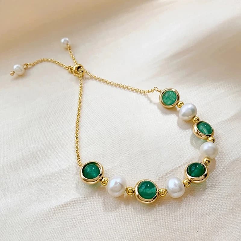 Bracciale con perline di cristallo verde perle d'acqua dolce barocche di moda coreana Elegante braccialetto con perline di pietra di agata verde naturale