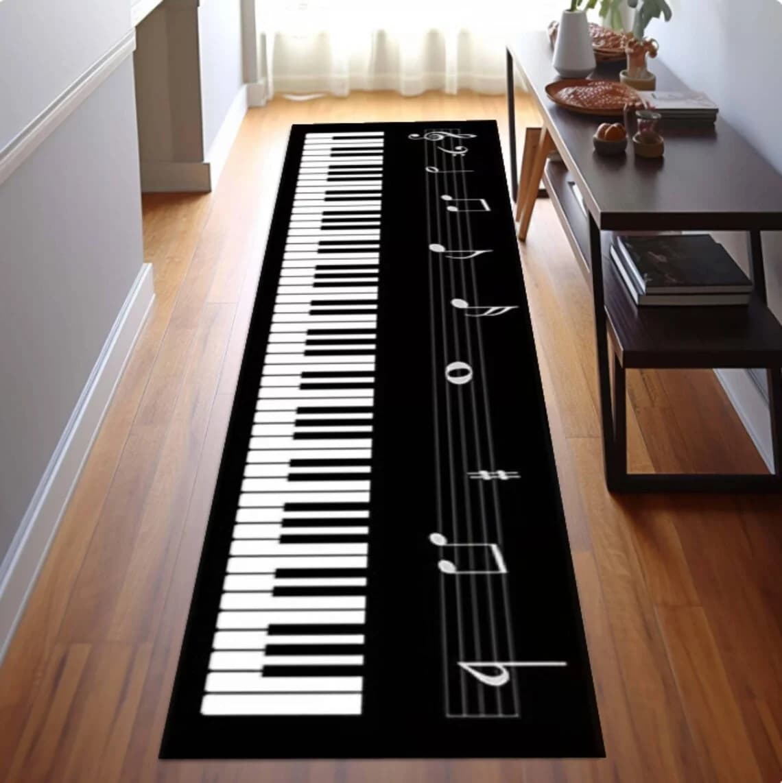 Tappeto con tasti di pianoforte, tappeto per corridoio con note musicali, tappetino antiscivolo bianco e nero per corridoio, sala musicale, cucina, decorazioni per la casa