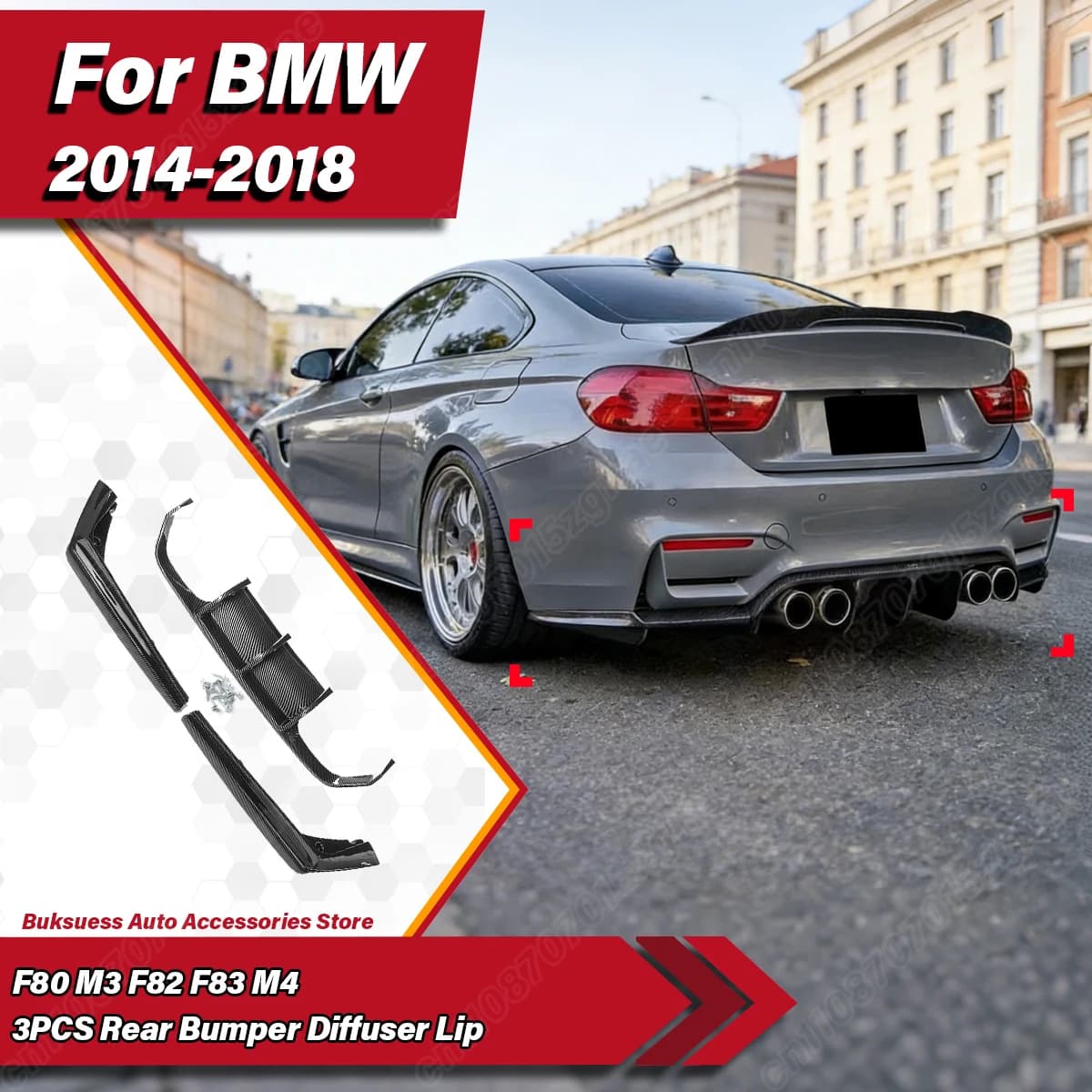 Kit di Modifica Carrozzeria per BMW F80 M3 F82 F83 M4 2014-2018, Set di 3 Pezzi Diffusore Posteriore per Paraurti