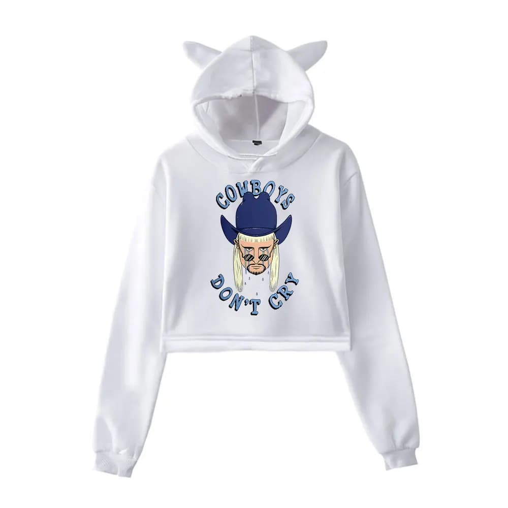 Oliver Tree Cowboys Don't Cry Cat Ear Cropped Hoodie for Women Pullover Hooded Sweatshirt Streetwear Casual Daily Wear