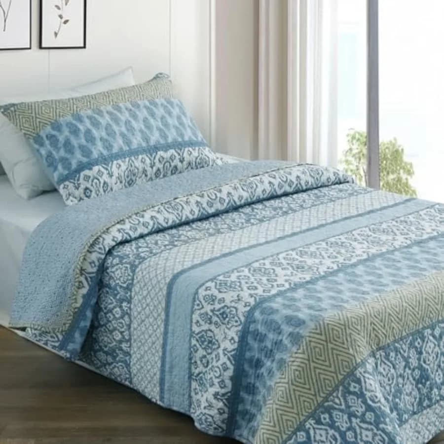 Set Copriletto 68"x86" Stile Boho, Trapuntato in Stile Rustico, Leggero e Lavabile, Reversibile per Primavera ed Estate