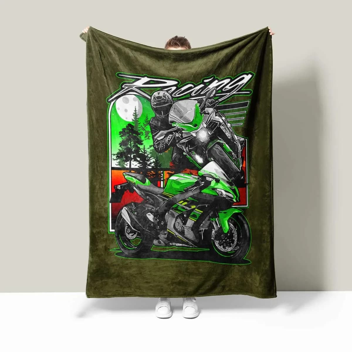 motorcycle punk, gray green flannel blanket, skin friendly, warm, office, home, travel, camping, all season multifunctional