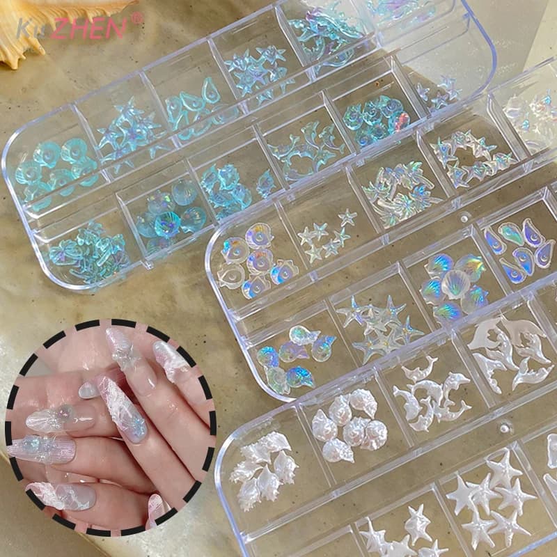 12 griglie/scatola Aurora Nail Art Charms Shell Stella marina Coda di sirena Accessori per nail art 3D per un look manicure da sogno e oceanico