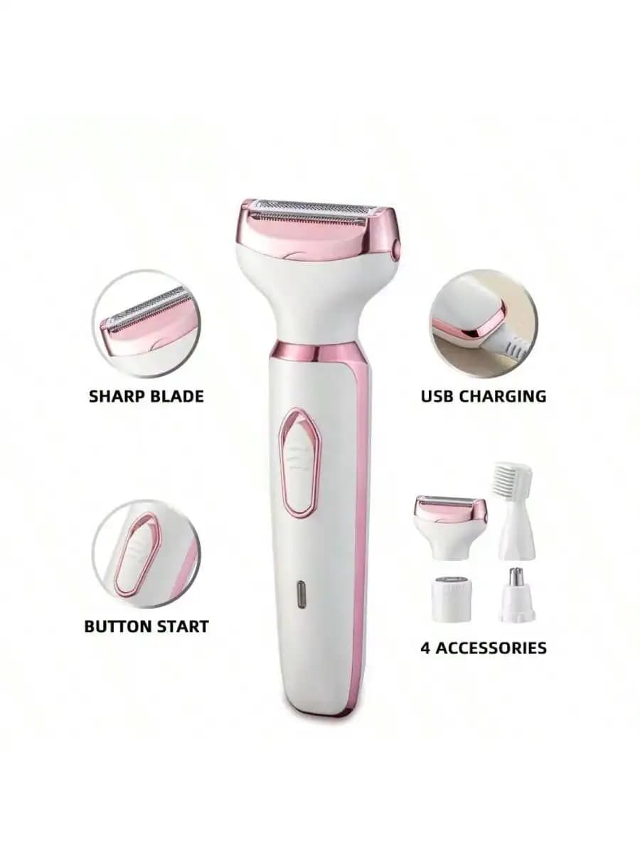Set Rasoio Elettrico Ricaricabile 4-in-1 per Donna - Trimmer Portatile 500mAh per Viso, Naso, Gambe e Ascelle, Utilizzabile a Secco e Bagnato