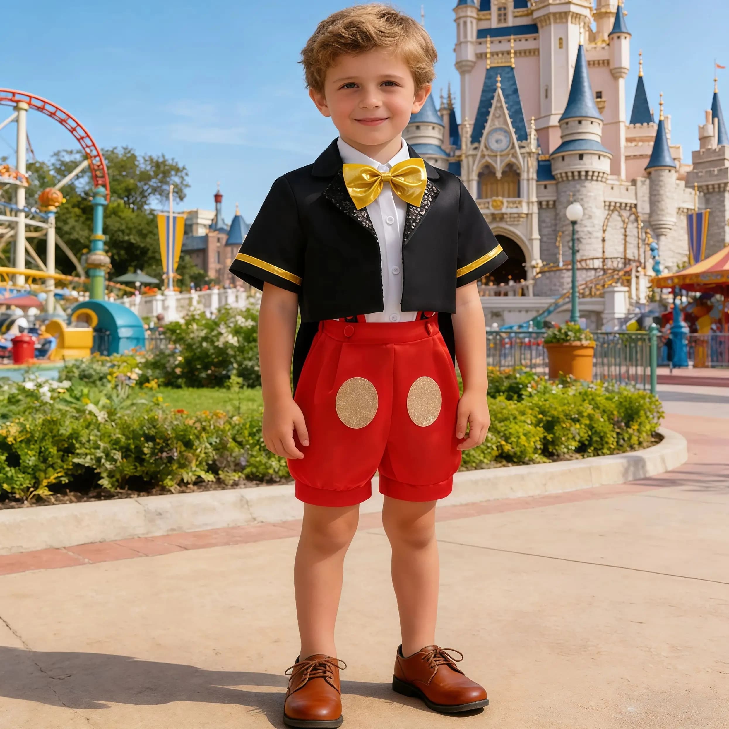 Bambini Ragazzi Cartoon Mouse Costume Cosplay Papillon Top + Cappotto a maniche corte + Pantaloncini con bretelle per abiti di compleanno di carnevale di Halloween
