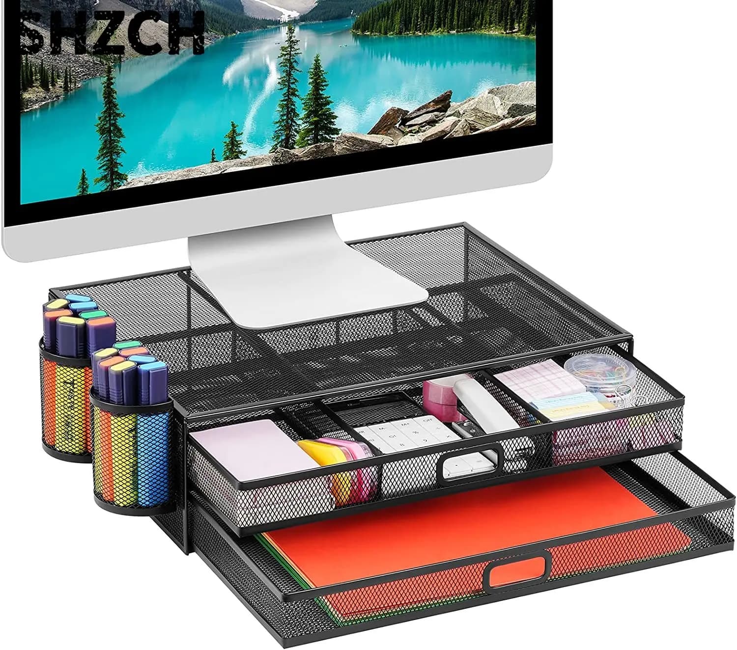 Formwell Monitor Stand Riser with Drawer - Mesh Metal Desk Organizer, Laptop stand with Dual Pull-Out Storage Drawer