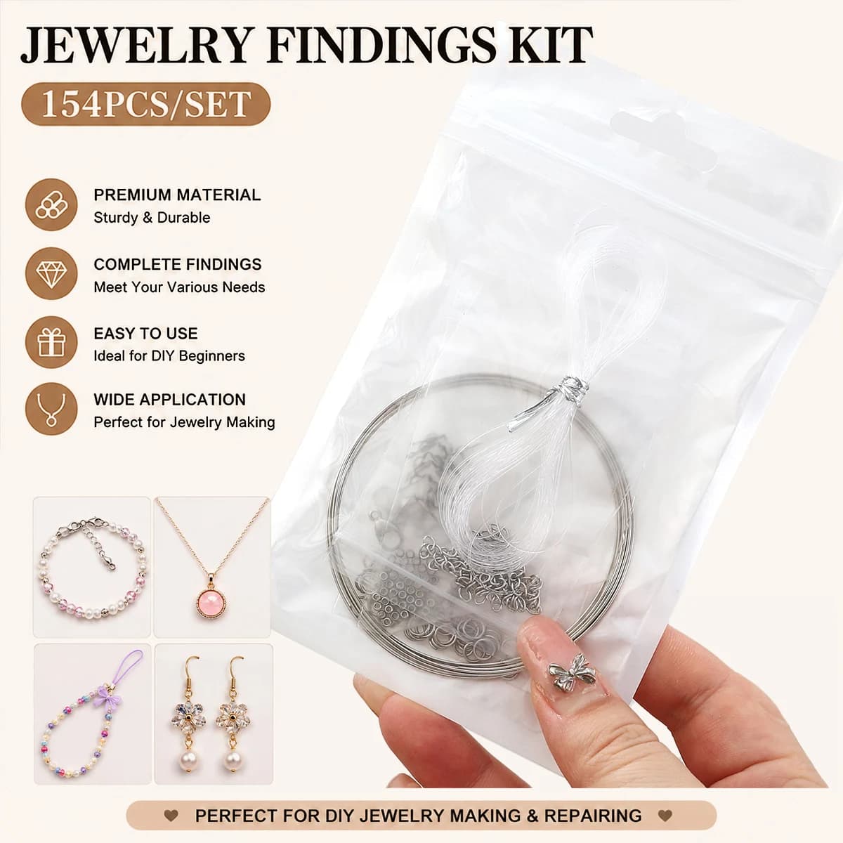 DIY Jewelry Making Starter Kit 154pcs Steel Wire Jump Rings Lobster Clasp Spacer Beads for Bracelet Necklace Phone Chain Craft
