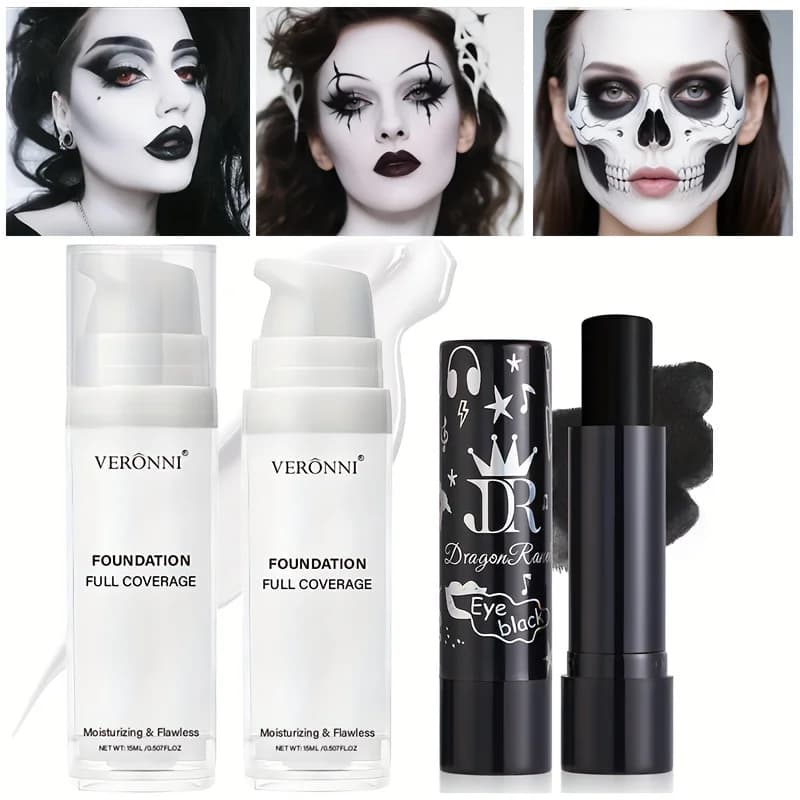 Set cosplay di Halloween con fondotinta liquido bianco e rossetto nero, adatto per adulti, finitura opaca, lunga durata per tutti i tipi di pelle