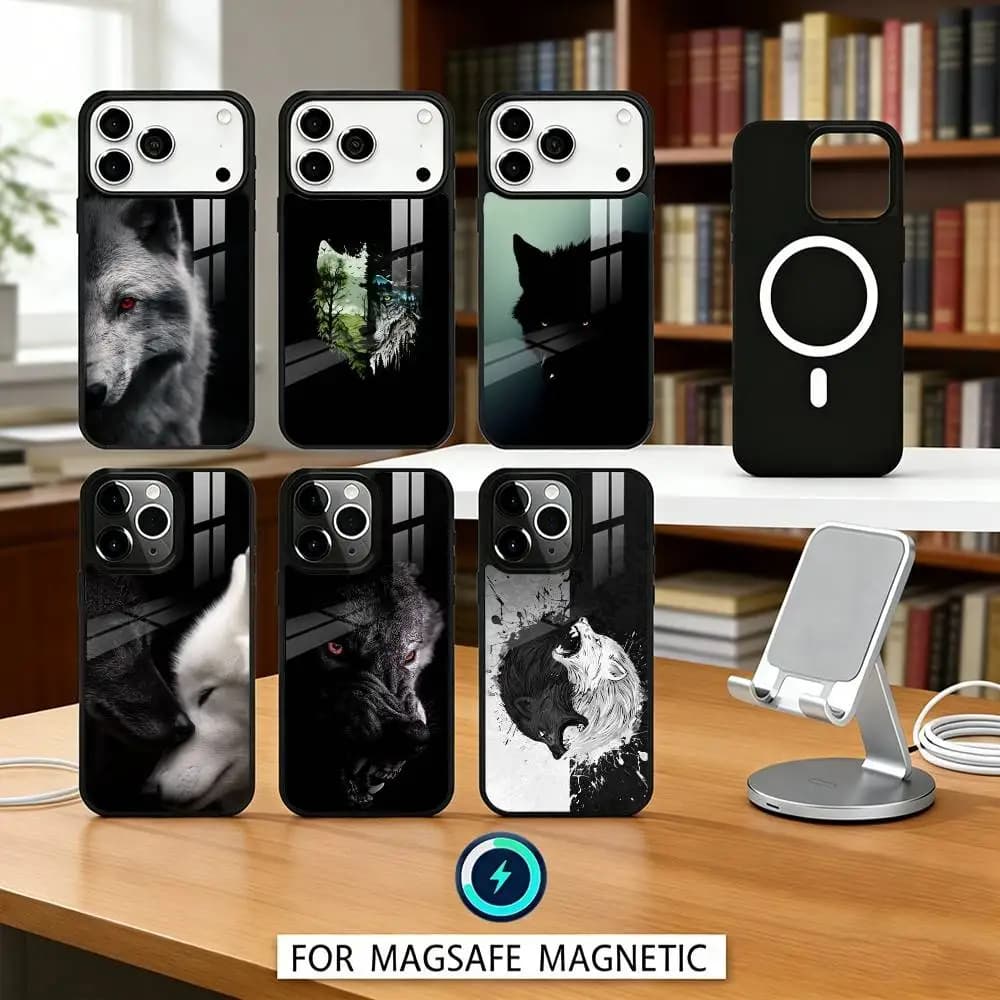 Custodia per telefono 1pc Wolf per iPhone 17, 16, 15, 14, 13, 12, Pro, Max per ricarica wireless magnetica MagSafe