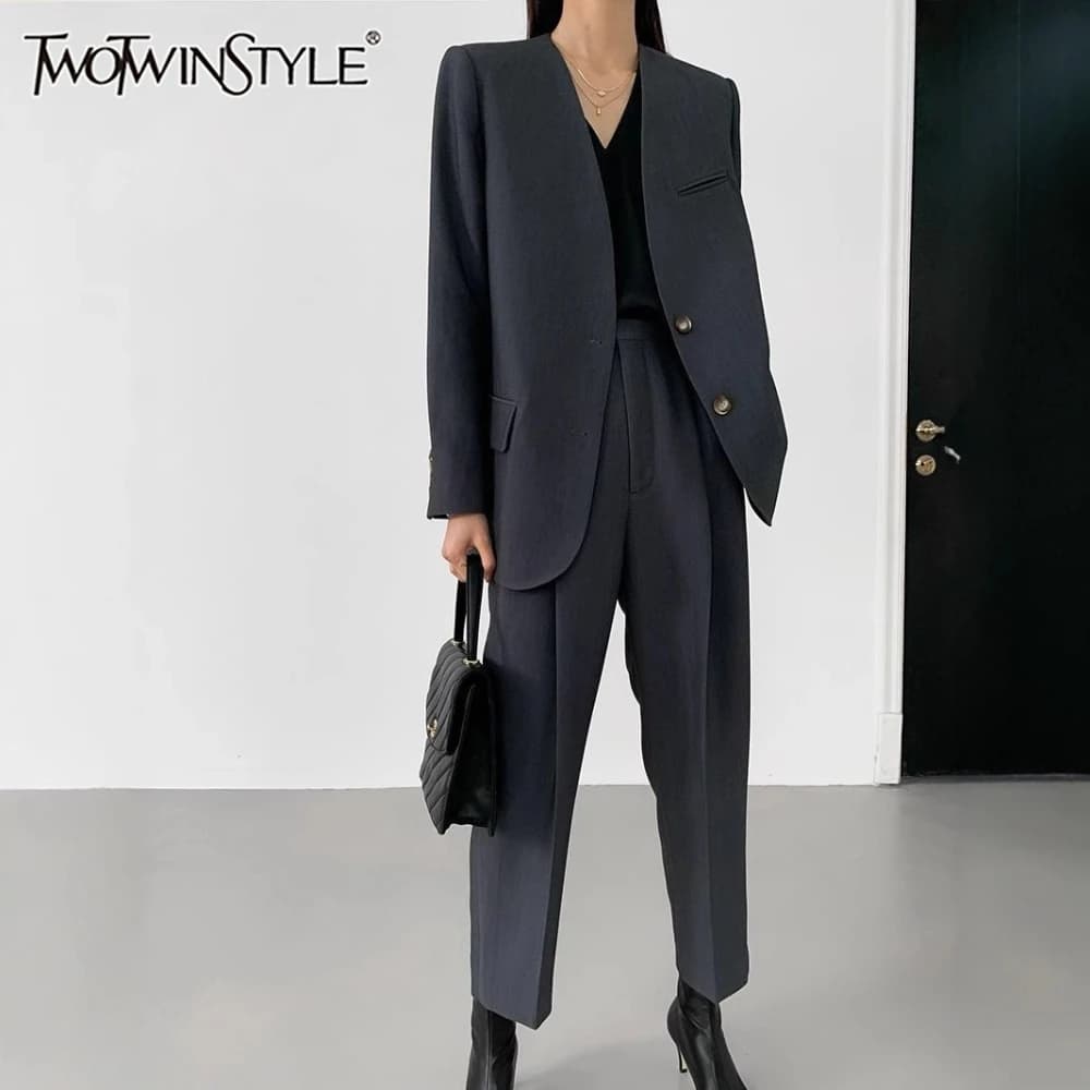TWOTWINSTYLE Gray Spliced Pocket Two Piece Set Female V Neck Long Sleeve Jacket Office Minimalist Women's Trousers Set Fashion
