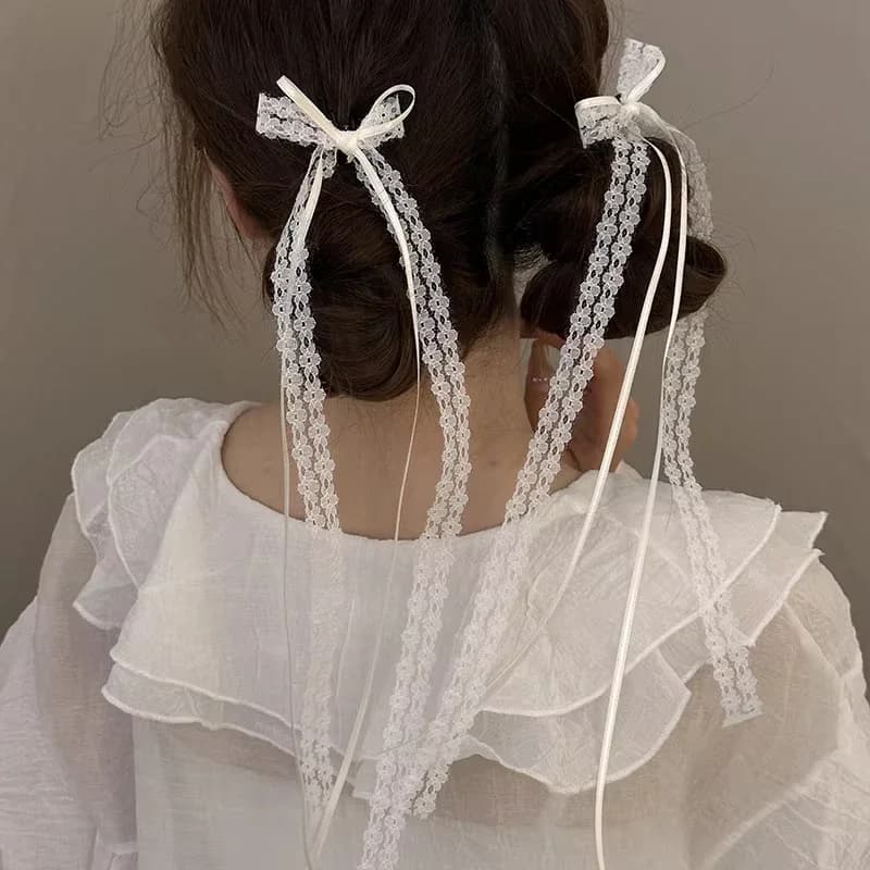2 Pezzi Fermagli per Capelli Bianchi con Fiocco Lungo in Pizzo, Nastro e Nappa, per Donne e Ragazze, Fermagli a Fiocco, Fermagli per Trecce, Accessori per Capelli Traforati di Tendenza
