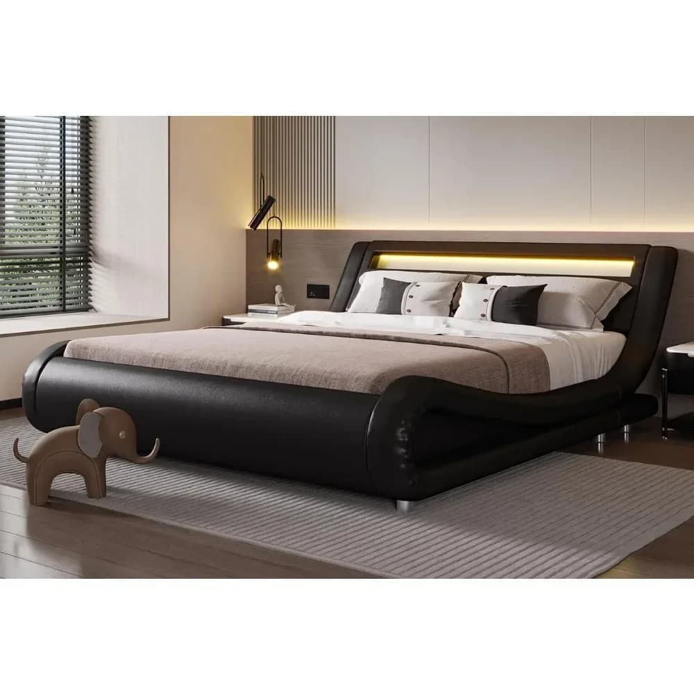 Struttura letto moderna imbottita con testiera a LED/base del materasso/nessun bisogno di molle/supporto a doghe in legno resistenti/facile montaggio