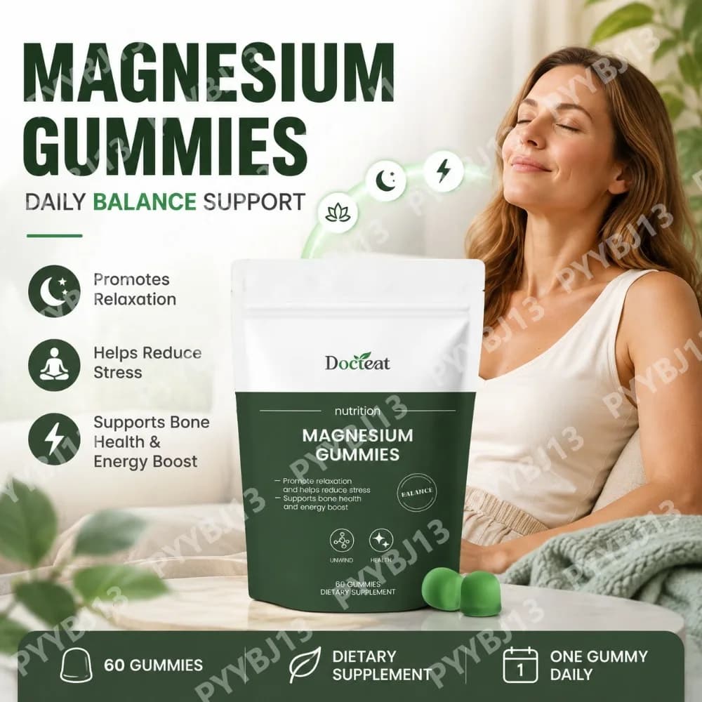 Docteat Magnesium Gummies with Magnesium Glycinate Vitamin B6 D3 Calcium Citrate Mineral Supplement Wellness Support 60 Gummies
