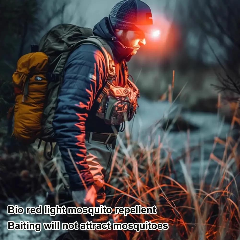 Luce per Cappello con Sensore di Movimento Intelligente, Ricaricabile USB-C, Lampada Frontale con Luce Rossa, Impermeabile, per Pesca e Corsa all'Aperto