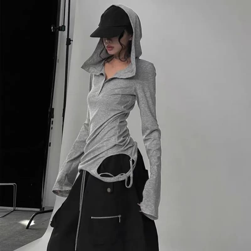 Grey Long Sleeved Button Hooded T-shirt Spring Hot Girl Slim Fit Niche Jazz Dance Ripped Hole Hooded Top Kpop Print Thin Hoodies