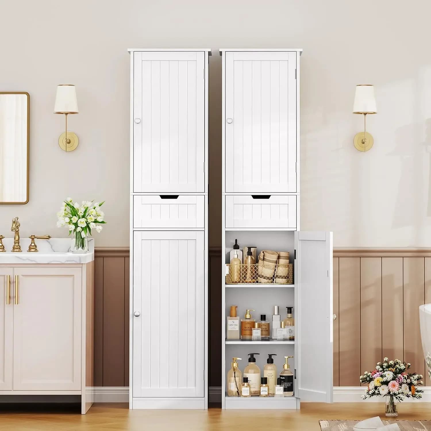 White storage cabinet, 2 doors and 1 drawer, organizer with adjustable shelves for bathroom, living room, entrance, home office