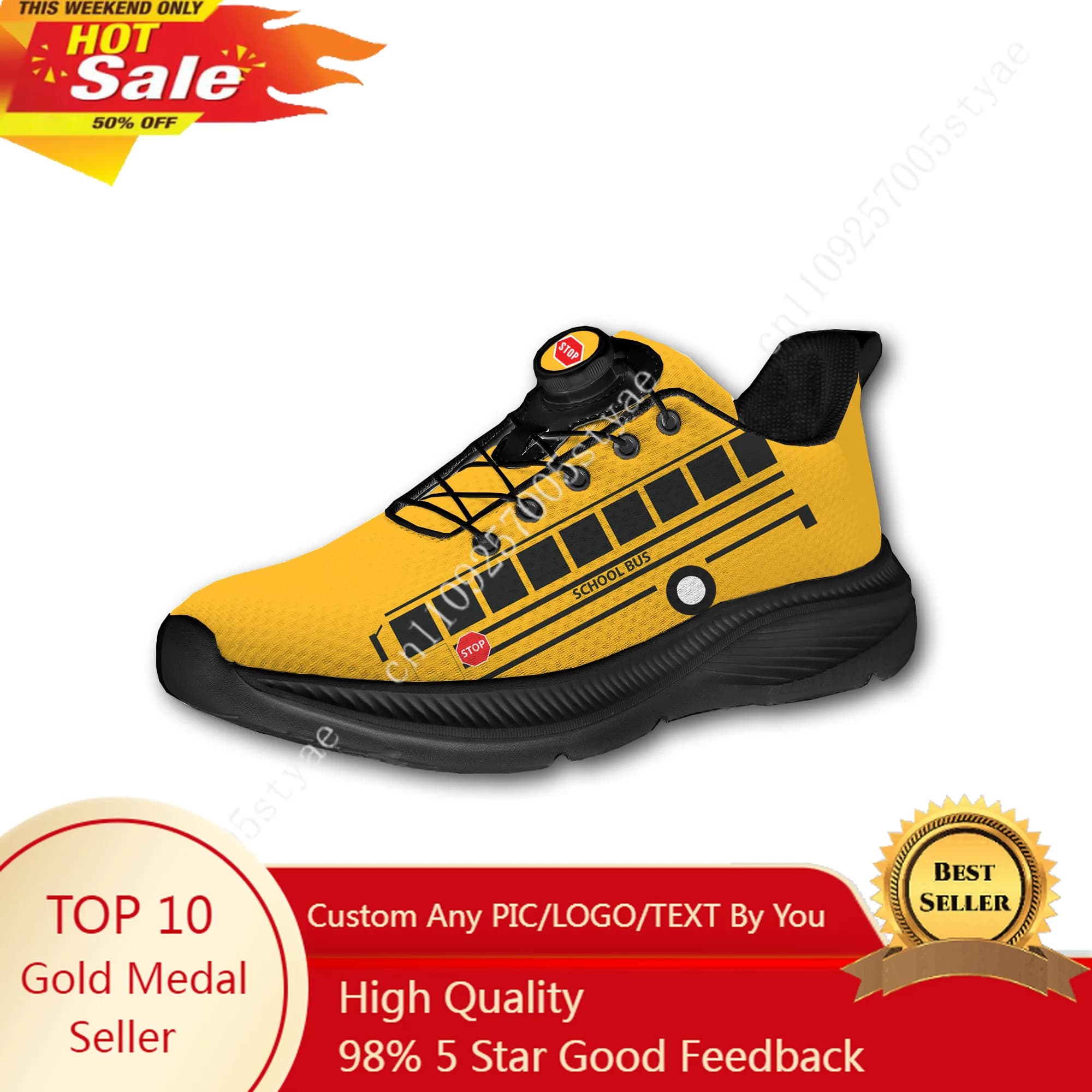Scarpe da Corsa Off-road con Stampa Autobus Scolastico Giallo, Sneaker Sportive Senza Lacci con Bottone Rotante, per Escursionismo e Tempo Libero, Personalizzabili