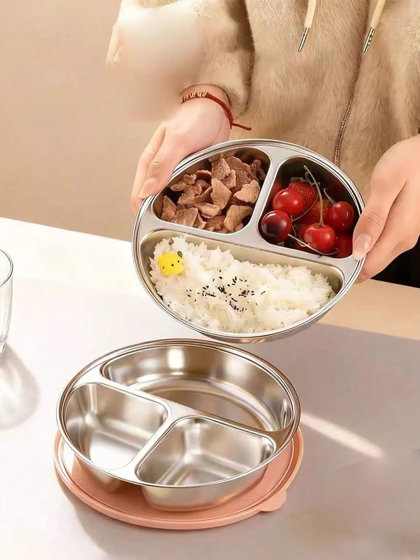 Three-Compartment Steaming Tray for Baby Food, Steaming Pan, Frying Pan, One Pot with Divided Steaming Compartments, 304 Stainless Steel Steaming Bowl, 1 Piece