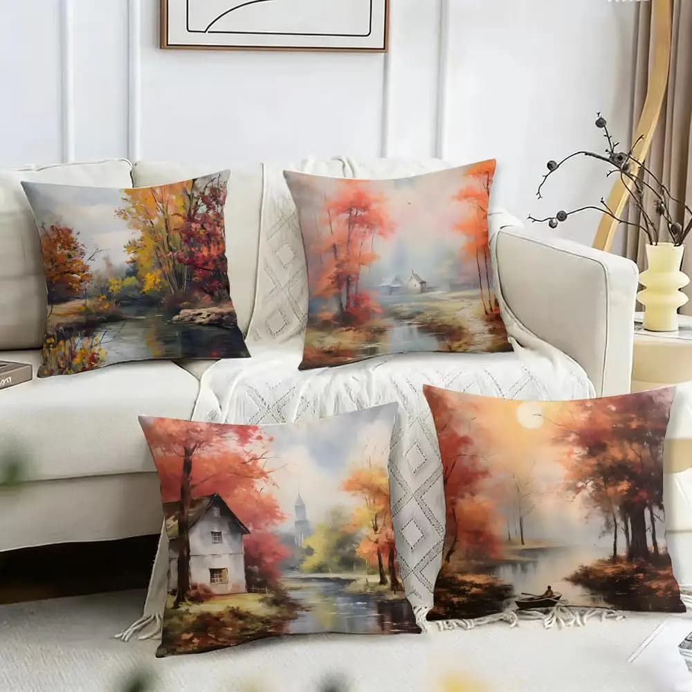 Autumn Forest The River Cushion Cover Pillow Case Short Plush Print Cushion Cover Square Throw Pillow Covers Sofa Home Decor