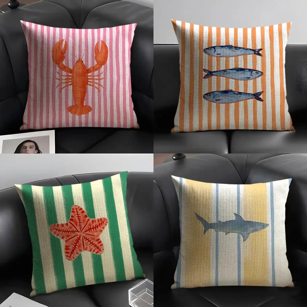 Natural Linen Marine Life Striped Pillow Sheet, Organic Fabric, Front-Retro Printing, For Sofa, Home Decoration, Gift, federa