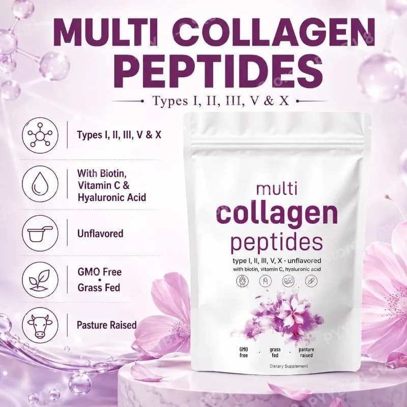 Multi Collagen Peptides Powder Type I II III V X with Vitamin C Hyaluronic Acid, Unflavored Daily Wellness Supplement Blend