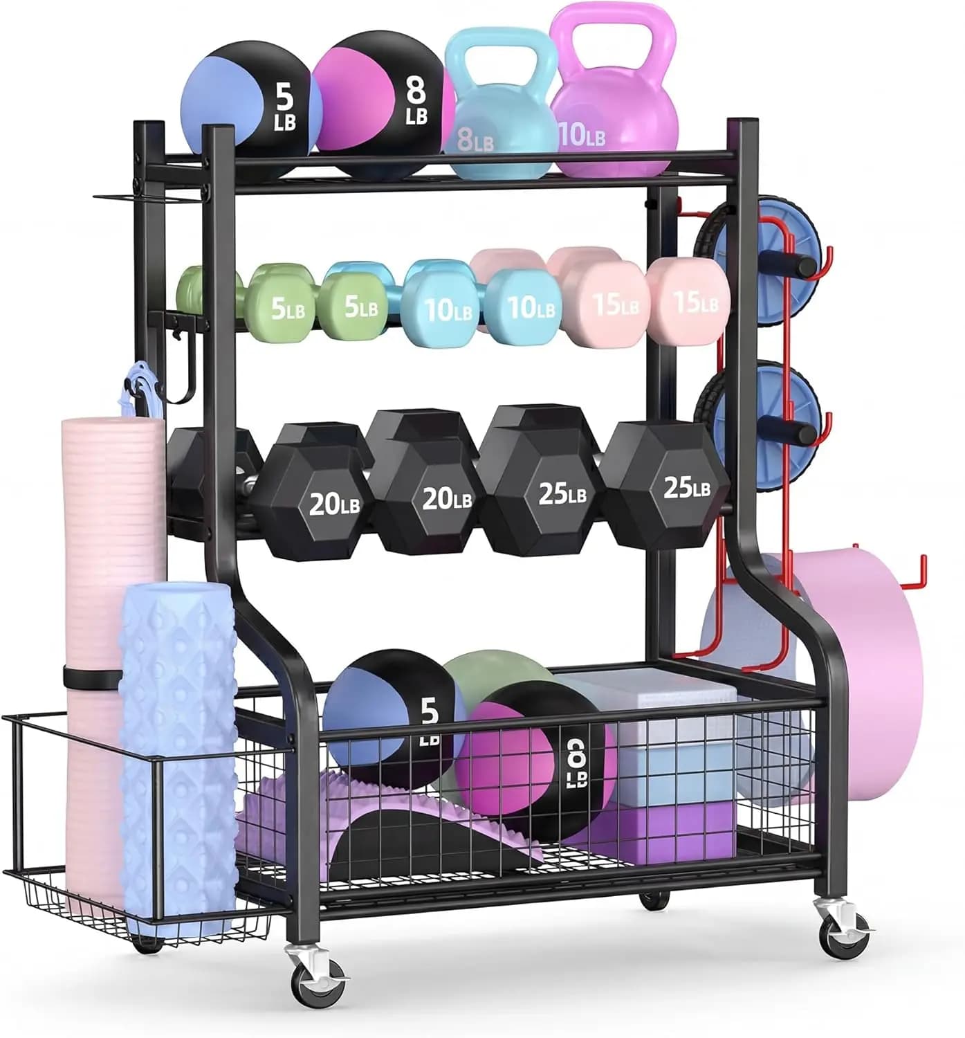 Porta Pesi per Palestra Domestica, Supporto per Kettlebell, Tappetini Yoga, Palloni, con Ruote e Ganci in Acciaio