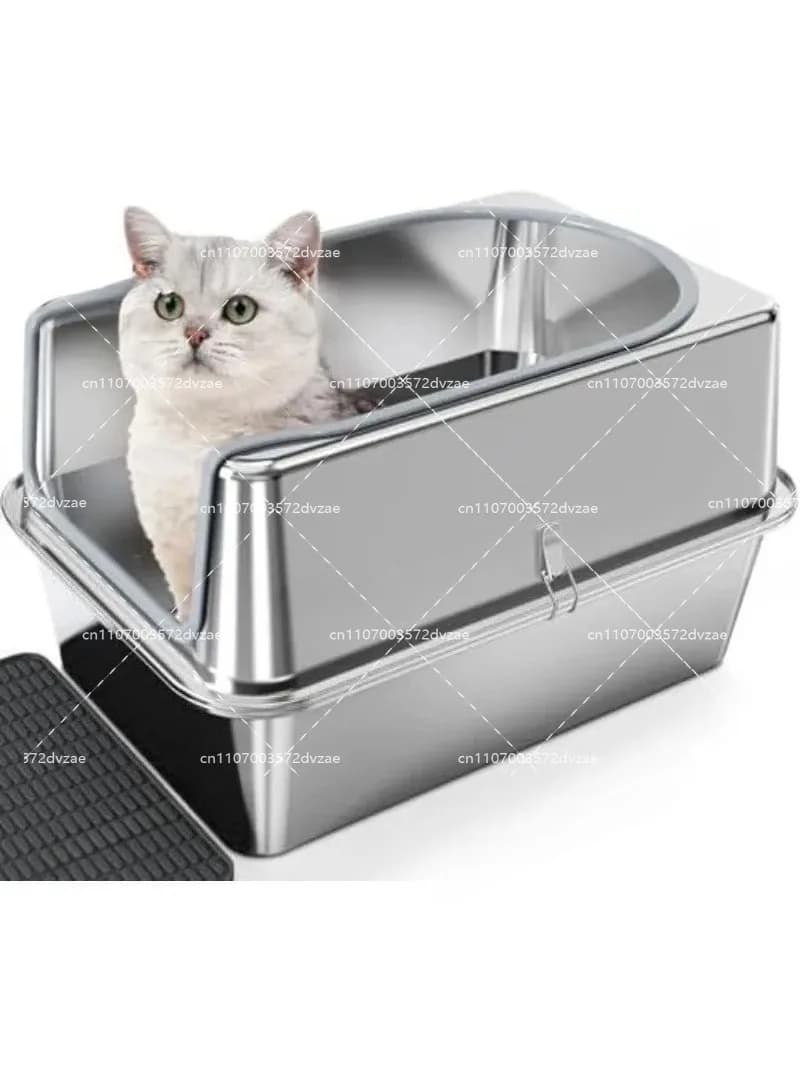 Extra-Large 60cm Cat Litter Box Stainless Steel Cat Poop Tray Raised Fence Cat Toilet Odor-Proof Anti-Splash Pet Litter Box