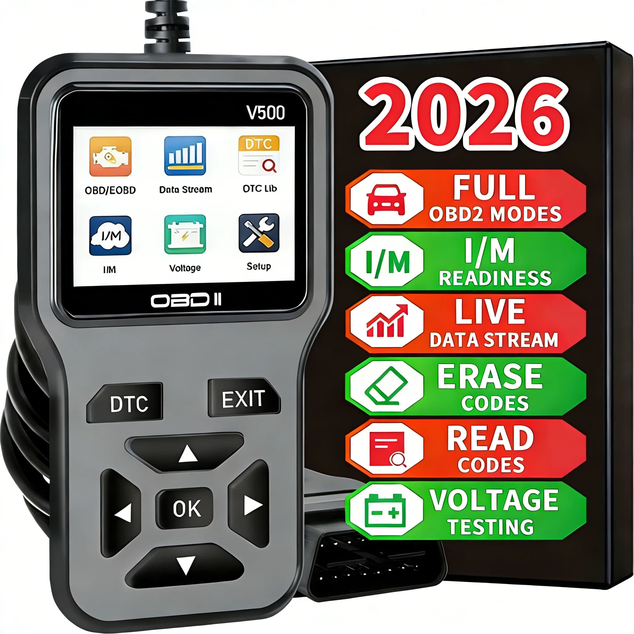 Scanner Diagnostico OBD2 con Funzioni di Lettura e Cancellazione Codici di Errore, Verifica Prontezza I/M, Informazioni Veicolo e Test di Tensione - Design Compatto e Resistente, Compatibile con Tutti i Veicoli OBDII/EOBD (Auto, Camion e SUV Prodotti dopo il 1996) - Nessuna Batteria Esterna Richiesta, Flusso Dati Istantaneo, Adatto per Meccanici, Appassionati di Fai-da-Te e Tecnici Professionali di Riparazione Automobilistica