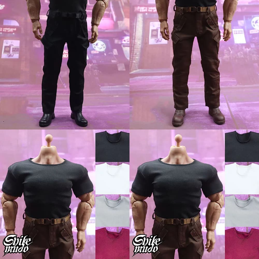 1/6 Male Soldier Shirt Round Neck Blouse Tight Stretch Tops Multi Pocket Overalls Belt For 12" At030 Strong Action Figure Model