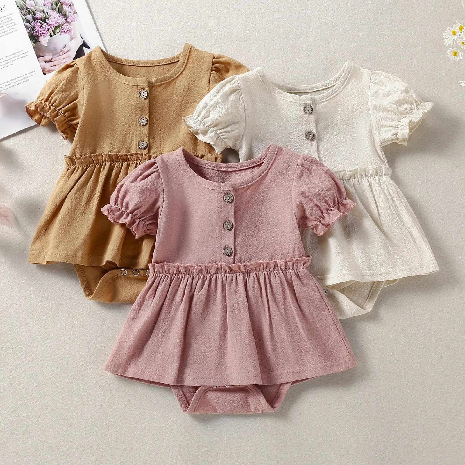 Summer Infant Girl Pure Color Short Sleeve Romper Sweet Cute Dress Baby Girl Clothing Comfortable Soft Fabric