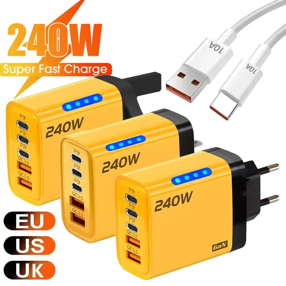 USB C Charger with 5 ports from 240W with fast charging 3.0, PD fast charging adapter for iPhone 16, Samsung, Xiaomi, Huawei