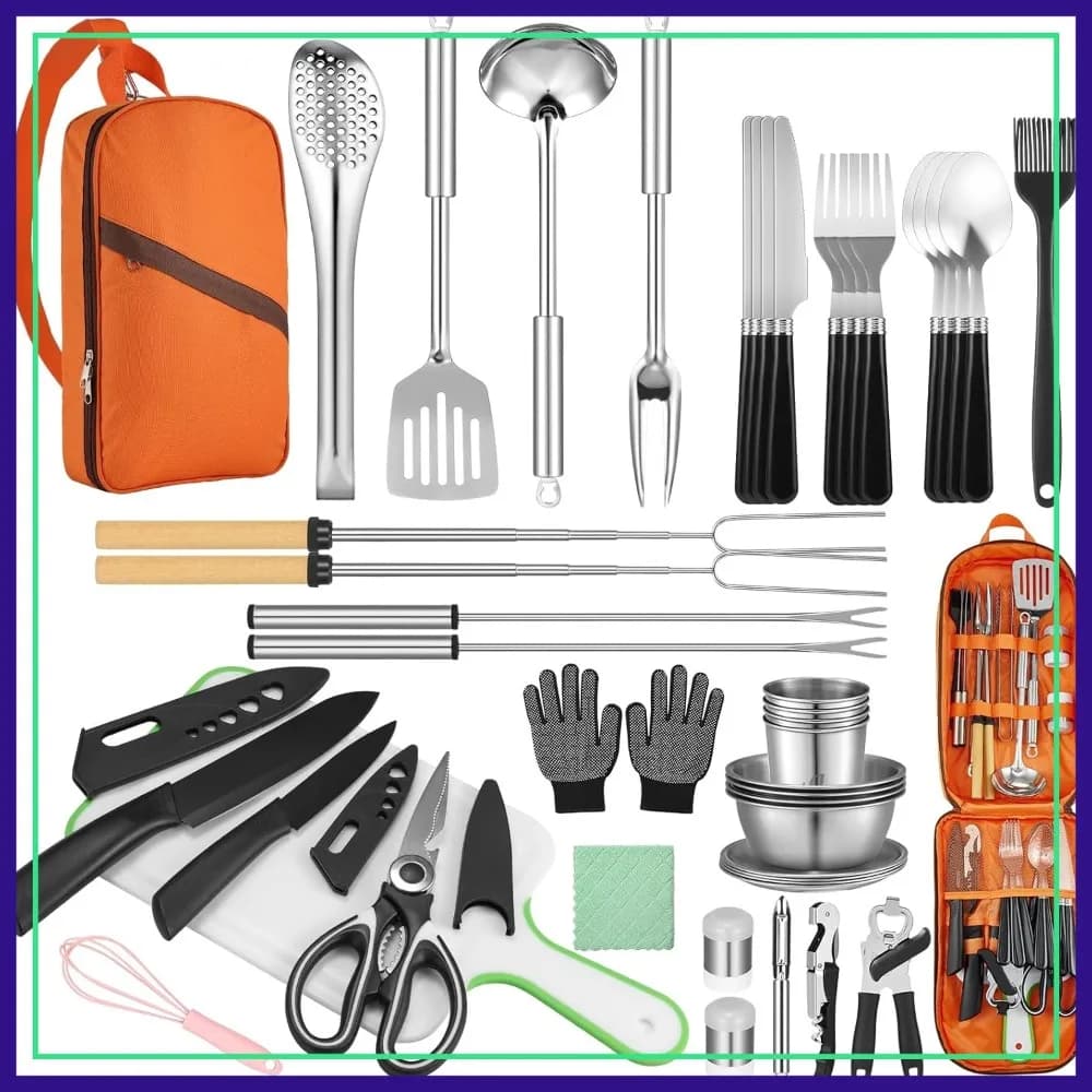 Set da Cucina per Campeggio - Utensili in Acciaio Inox e Silicone per Campeggio in Auto, Picnic, Barbecue, Ideale per Camper e Tende