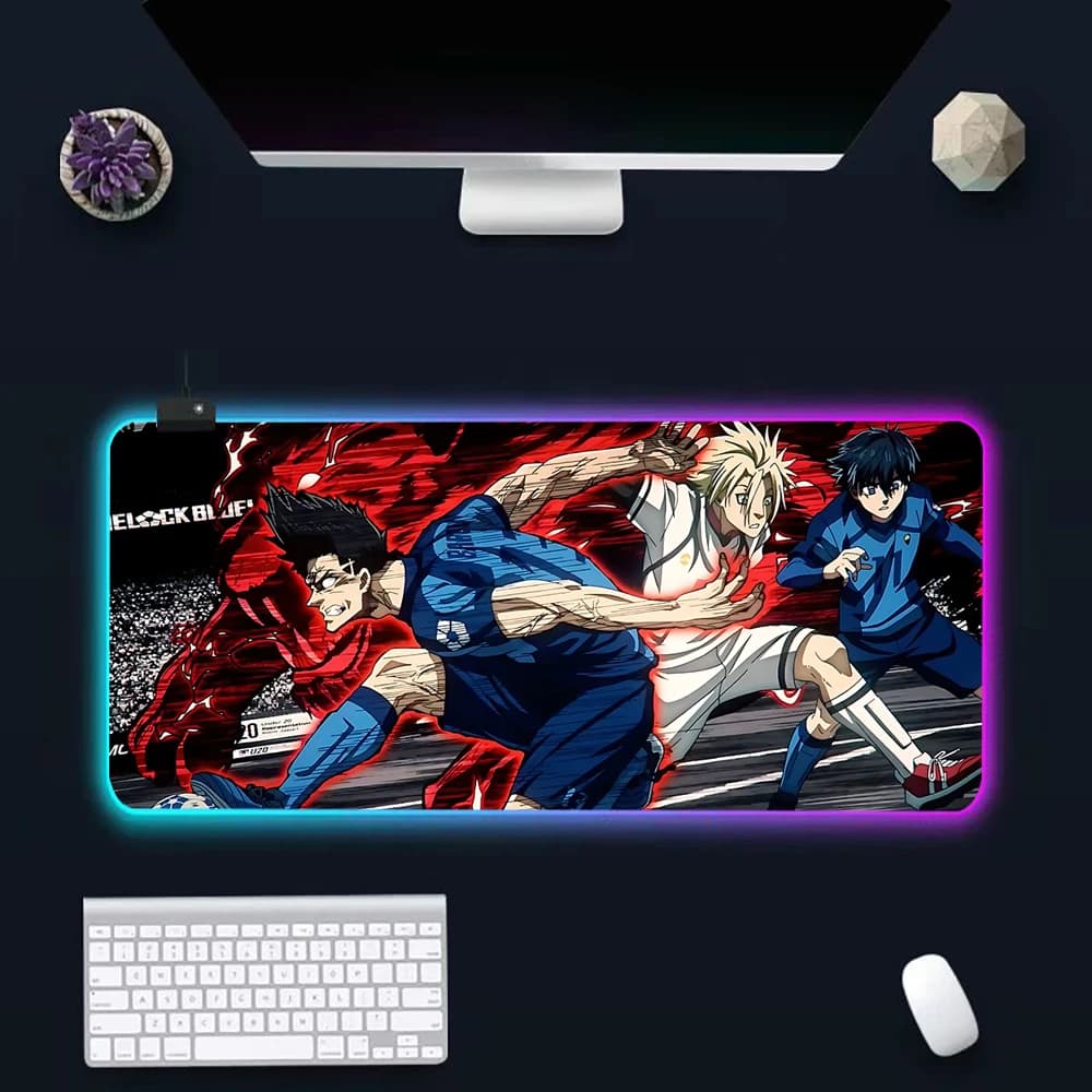Tappetino per mouse RGB con illuminazione LED a tema anime blu, per PC gamer, in gomma, per computer e gaming.