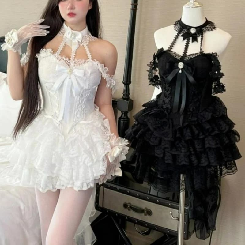 Japanese Victorian Sweet Lolita Dress Women Harajuku Y2k Bow Lace Halter Neck Evening Party Mini Dresses Kawaii Black Red Deess